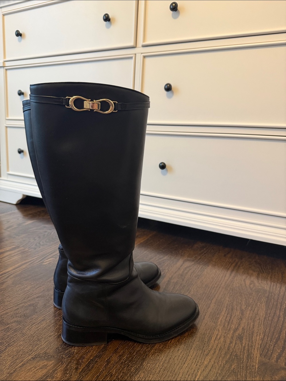 Talbots Black Tall Leather Riding Boots with Gold Accent